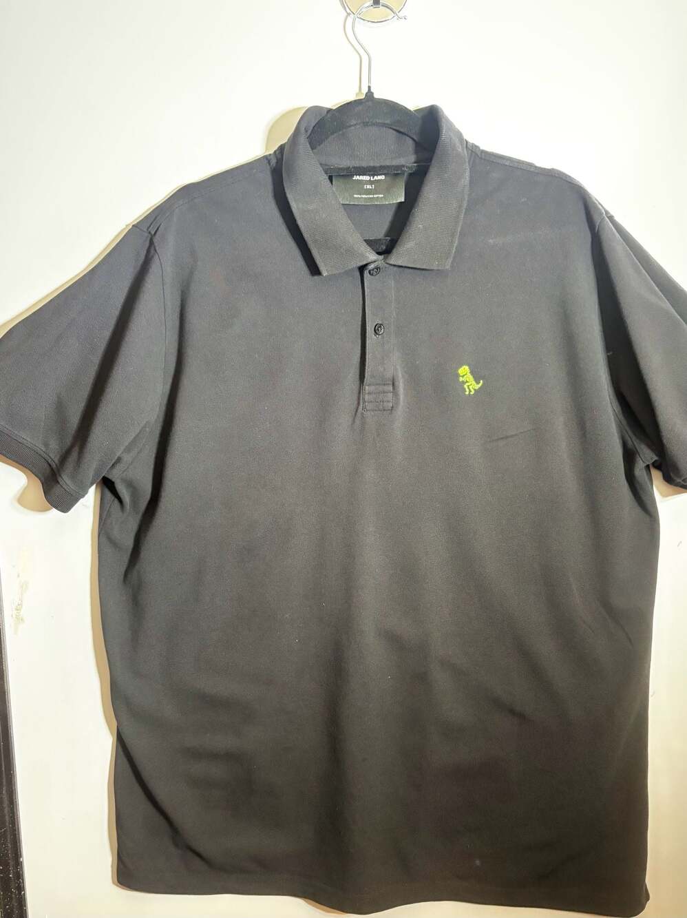 Jared Lang 100% Peruvian Cotton Black Pique Polo with Green T-Rex Embroidery